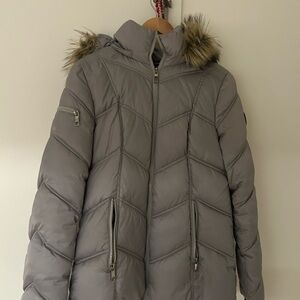 Nautica Women's Silver Puffer Jacket with Faux Fur Hood